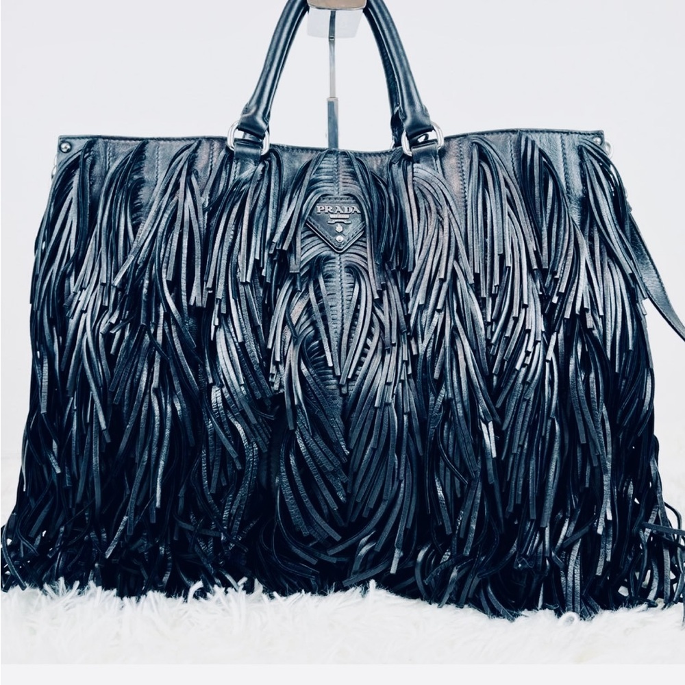 Prada Black Leather Fringe Tote